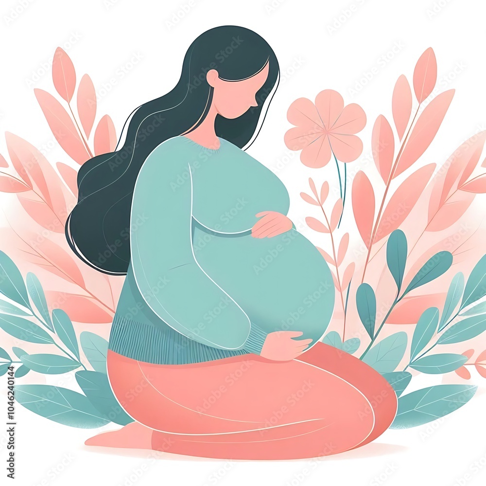 A flat, isolated illustration of a pregnant woman with leaves in the background. Ideal for maternity, wellness, and nature-themed projects. Clean and modern, perfect for digital use. A flat, isolated illustration of a pregnant woman with leaves in the background. Ideal for maternity, wellness, and nature-themed projects. Clean and modern, perfect for digital use.