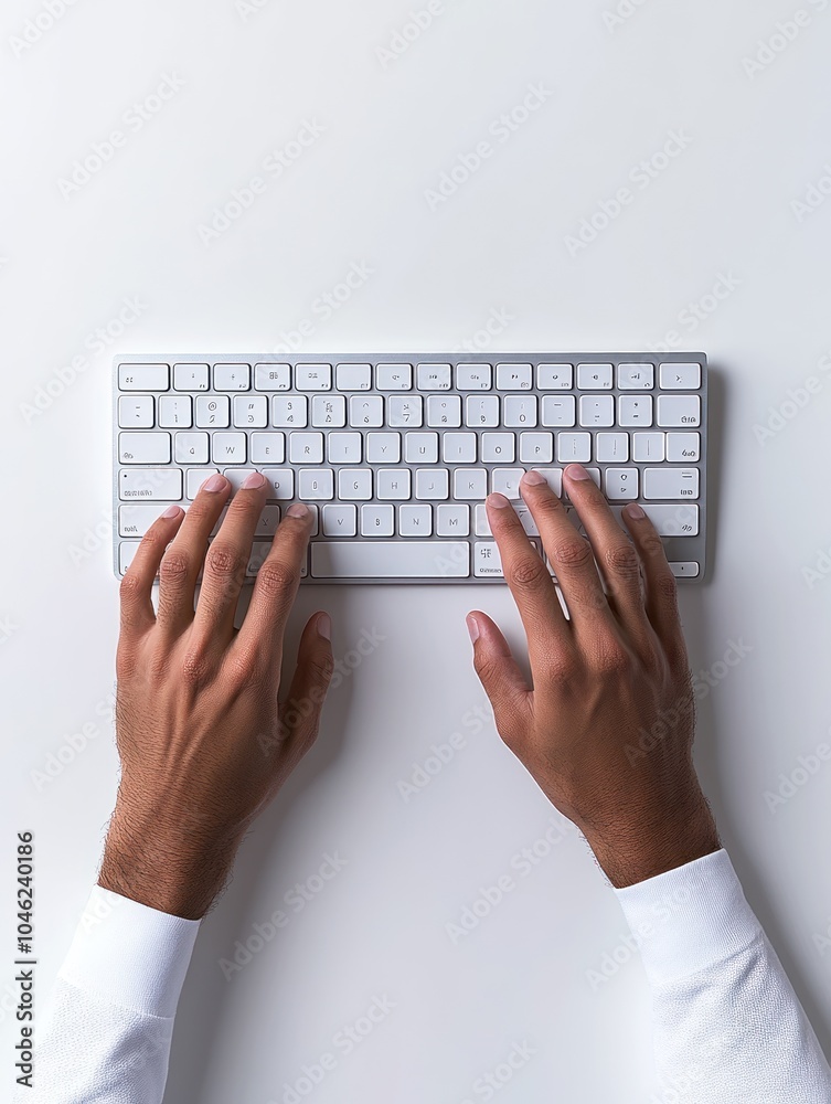 A pair of hands typing on a modern keyboard against a plain background. A pair of hands typing on a modern keyboard against a plain background.