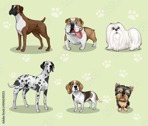 Various breeds of dogs, Include maltese, yorkie, beagle, bulldog, boxer, Great Dane