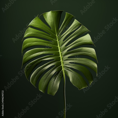 Single Monstera Deliciosa Leaf on Dark Green Background photo