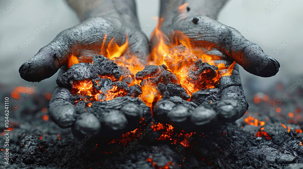 Hands stained with black charcoal being burned by a hot fire with smoke and fog. Blurred background. Hands stained with black charcoal being burned by a hot fire with smoke and fog. Blurred background.