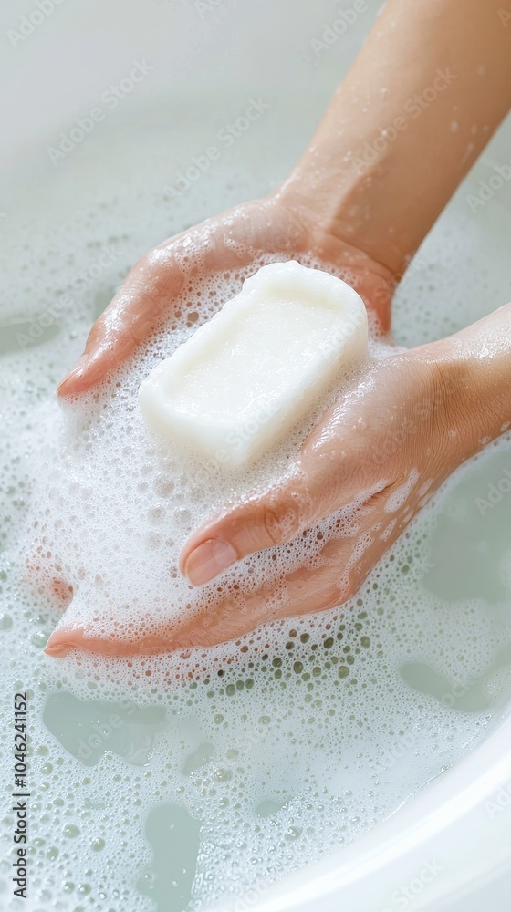 Fototapeta premium Hands holding a bar of soap in a bubble-filled bathwater.