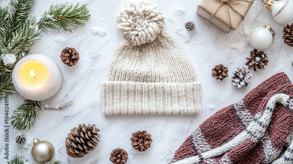 Cozy Winter Scene with Beanie and Seasonal Decor Cozy Winter Scene with Beanie and Seasonal Decor