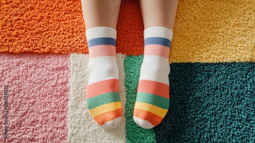 Colorful striped socks on a colorful rug. photo