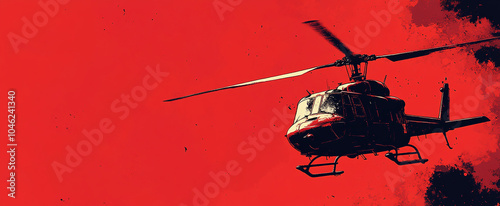 military helicopter in red sky comic style background