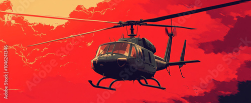 military helicopter in red sky comic style background