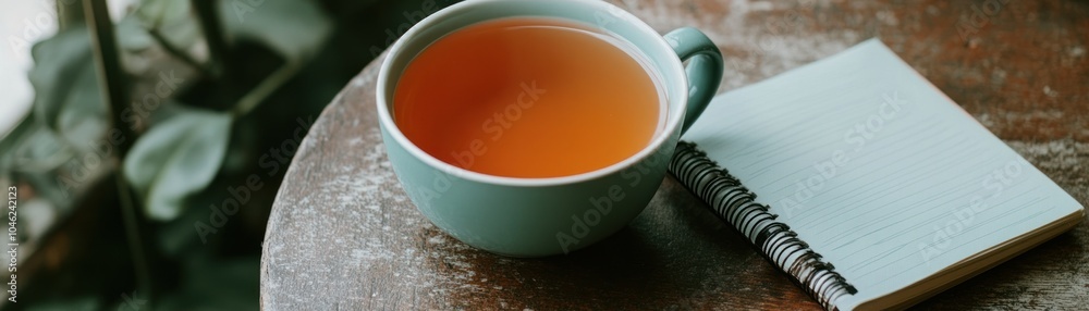 A cozy scene featuring a cup of tea and a notebook on a rustic table. A cozy scene featuring a cup of tea and a notebook on a rustic table.