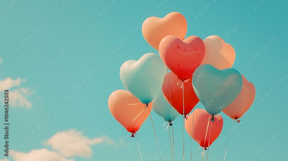 A collection of balloons in a pattern of hearts rising into a sky of pure blue A collection of balloons in a pattern of hearts rising into a sky of pure blue