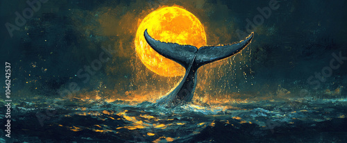 whale swimming on a full moon night
