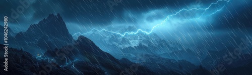 Dramatic mountain landscape with stormy skies and striking lightning.