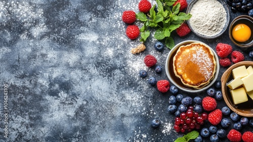 Ingredients for preparing pancakes with fresh berries and butter