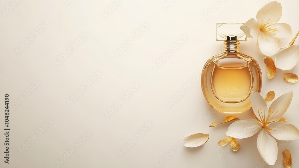 Elegant perfume bottle with delicate white flowers, petals, light background Elegant perfume bottle with delicate white flowers, petals, light background