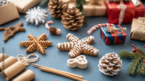 Christmas decorations and gifts on a blue background. photo