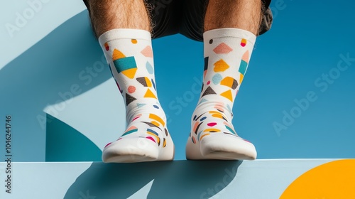 Colorful patterned socks on male feet. photo