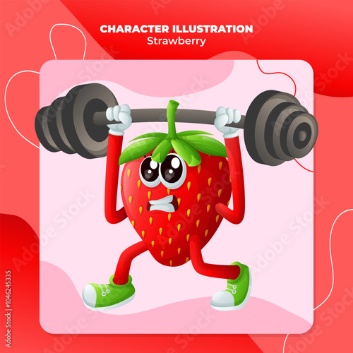 Cute strawberry character lifting weights