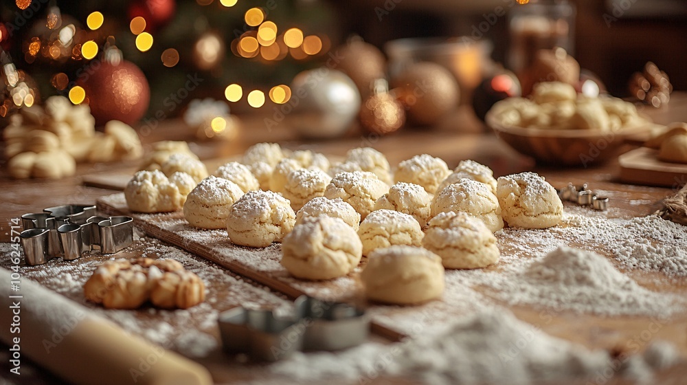 Christmas Cookies with Powdered Sugar and Festive Lights in Background Christmas Cookies with Powdered Sugar and Festive Lights in Background