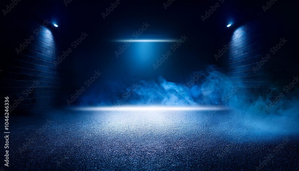 Dark blue empty street with smoke, dark blue background empty dark scene neon light with spotlights.Generative AI Dark blue empty street with smoke, dark blue background empty dark scene neon light with spotlights.Generative AI