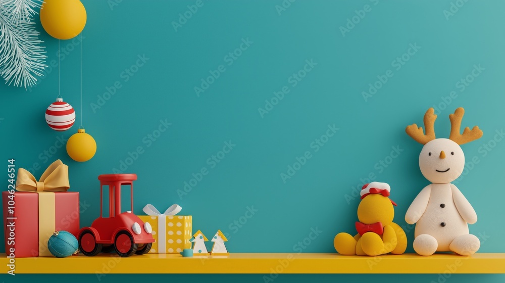 Obraz premium Colorful toys on a shelf with festive decorations in a playful setting.