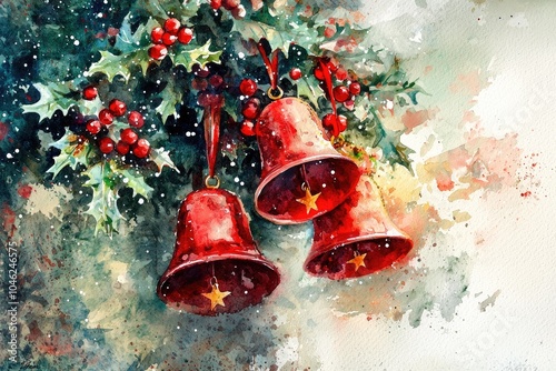 Christmas bells adorned with holly, festive watercolor artwork.