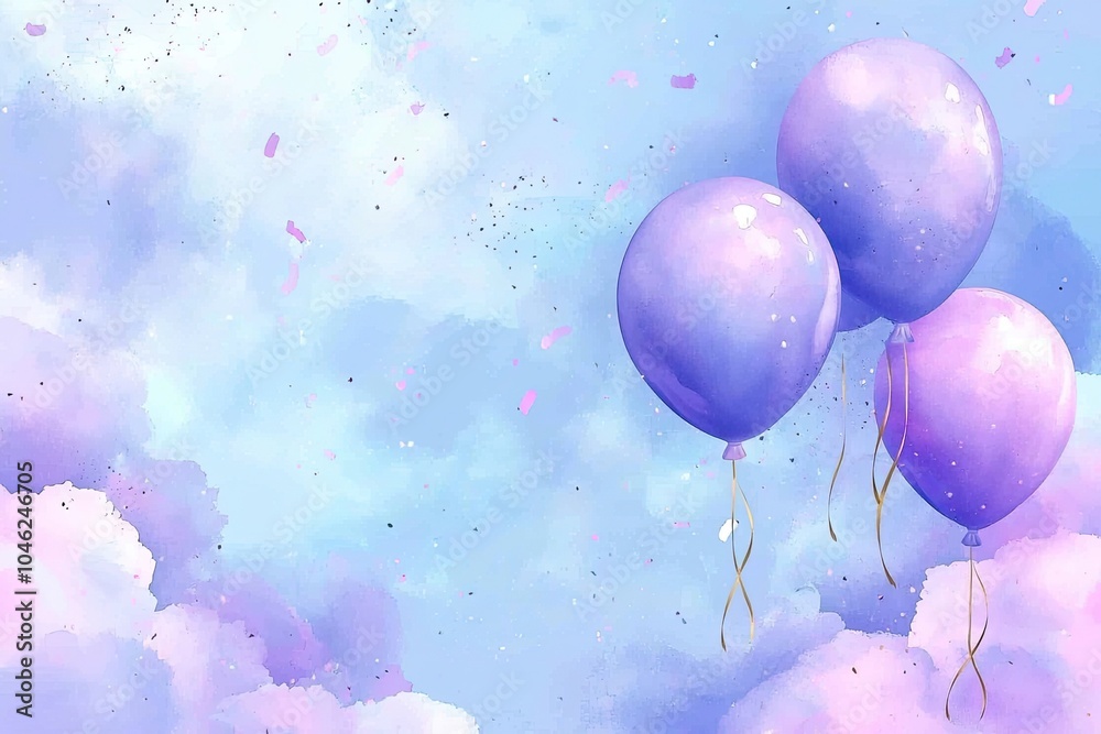 Fototapeta premium Colorful balloons floating in a dreamy sky with soft clouds and pastel colors.