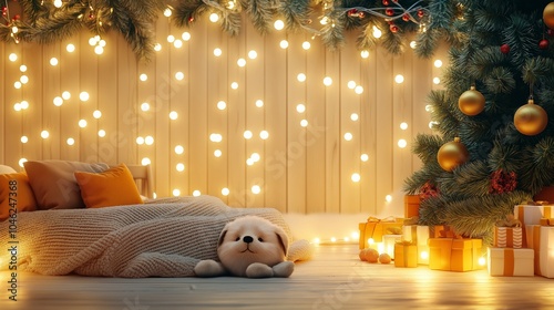 Cute dog resting near decorated Christmas tree and glowing lights, cozy festive atmosphere. photo