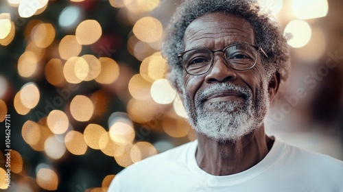 Wisdom etched in every line, a senior man's warm smile radiates against a backdrop of twinkling holiday lights, embodying joy and life's rich experiences.