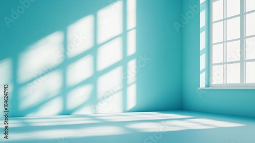 Sunlight casts geometric shadows through windows onto turquoise walls and white floor, creating a serene and minimalist interior space with striking contrast. photo