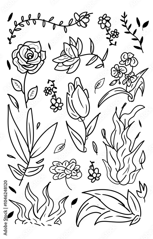 Fototapeta premium Handdrawn Doodle floowers and leafs collection