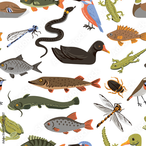 Vector drawing seamless pattern with fishes, water birds, amphibians and insects at white background, hand drawn vector illustration