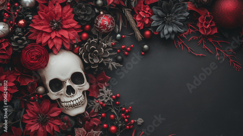 human skull on black background with red poinsettia flowers and ornaments