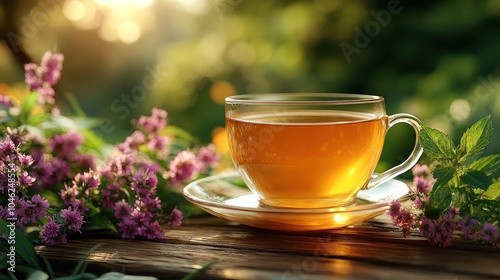 A cup of tea surrounded by flowers in a serene environment.