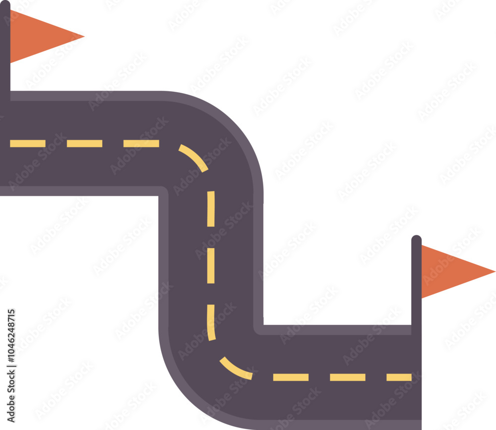 Winding road is leading to success with red flags marking the path towards achieving goals Winding road is leading to success with red flags marking the path towards achieving goals
