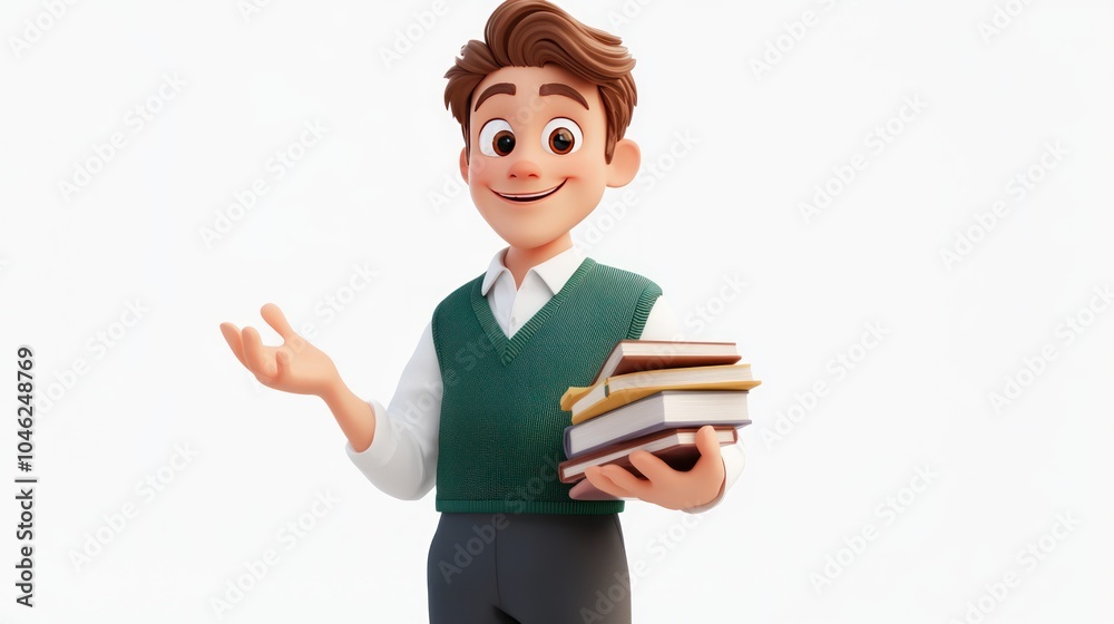 Cartoon Boy Holding a Stack of Books with a Welcoming Expression Cartoon Boy Holding a Stack of Books with a Welcoming Expression