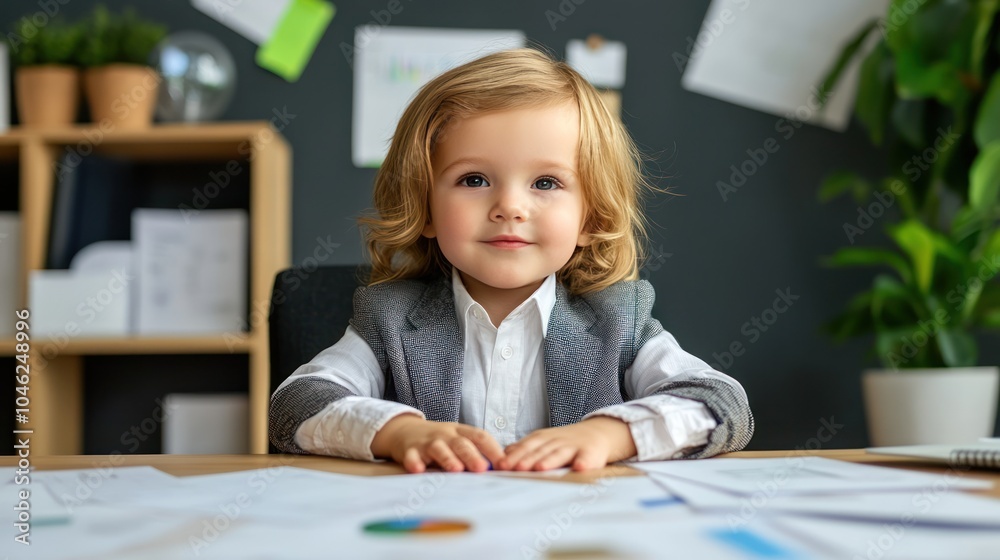 A kindergarten-aged child wearing formal attire, sitting behind a desk filled with mock business plans, preparing for a meeting A kindergarten-aged child wearing formal attire, sitting behind a desk filled with mock business plans, preparing for a meeting