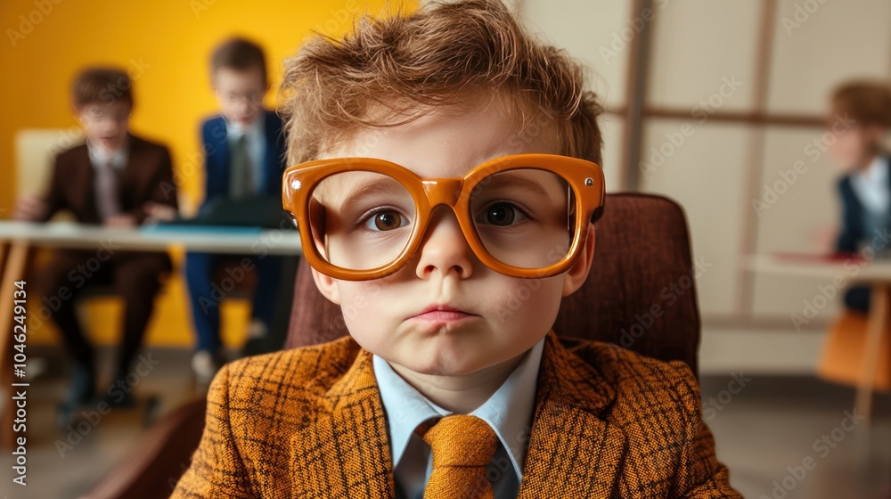 A 'little boss' in a small office, wearing oversized glasses and commanding the attention of other kids in a playful business setting
