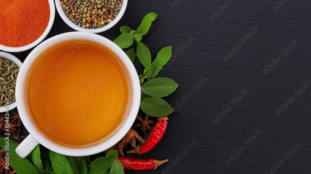A warm cup of tea surrounded by spices and herbs, highlighting a rich and flavorful blend on a dark background.