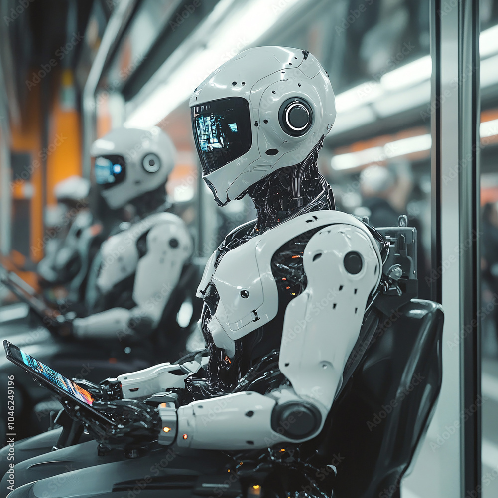 Fototapeta premium Female robot face, Artificial intelligence concept, humanoid head representing futuristic technology and artificial intelligence