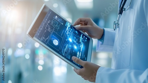A healthcare professional is interacting with a futuristic tablet displaying medical data and diagnostics, symbolizing advanced technology in the medical field.