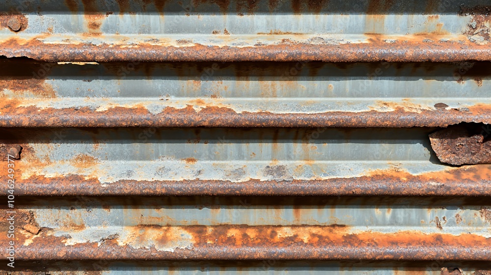 Close-up of a rusty metal surface with horizontal lines and peeling paint. Close-up of a rusty metal surface with horizontal lines and peeling paint.