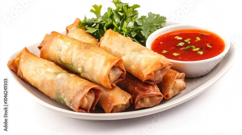 Delicious Fried Spring Rolls with Sweet Chili Sauce and Fresh Parsley