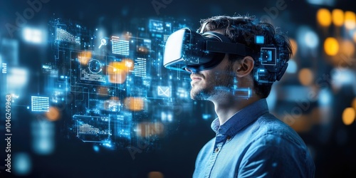 man wearing VR glasses virtual Global Internet connection metaverse, Document Management System, online documentation database and process automation to efficiently manag