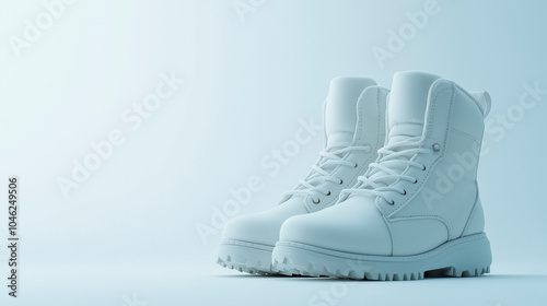 pair of white boots sits against a soft blue background,showcasing their clean design and modern aesthetic in a simple yet striking display,copy space