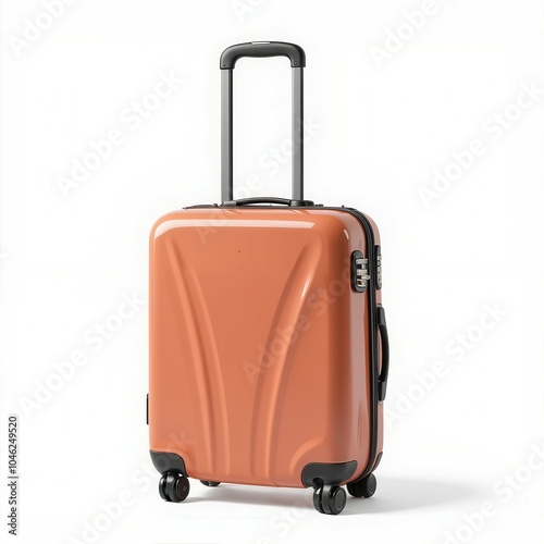 Stylish orange suitcase on white background