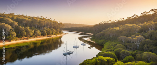 A serene and picturesque landscape of Margaret River in Western Australia, with a winding river flowing through a lush green valley surrounded by towering karri trees. photo