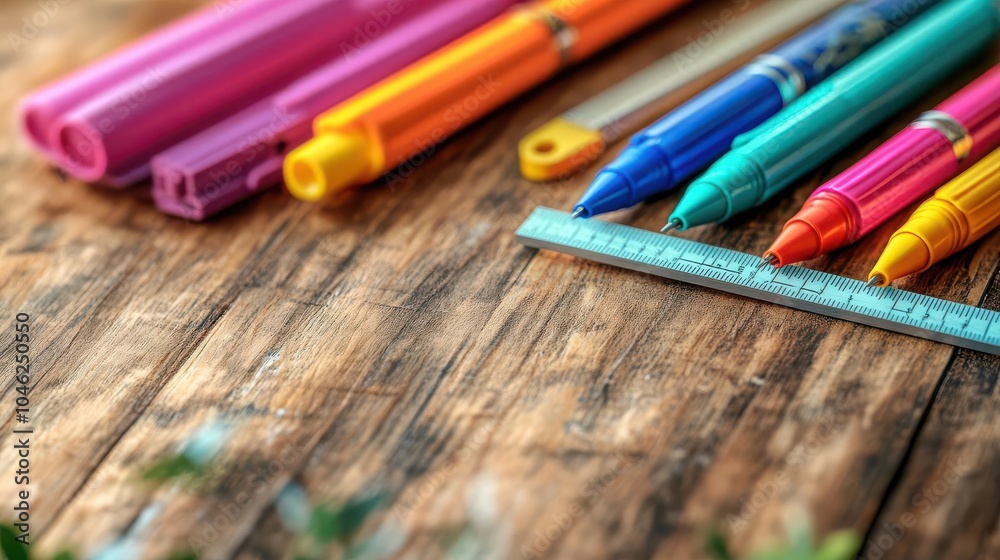 Fototapeta premium 3D illustration of colorful pens and a ruler on an office desk, flat design, top view, work tools theme, water color, vivid