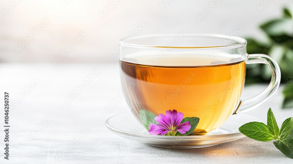 A clear glass cup filled with herbal tea, adorned with fresh mint leaves and a purple flower against a soft, neutral background.