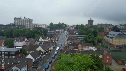 High Angle View of City of Colchester, Essex, England United Kingdom. Aerial Footage Was Captured with Drone's Camera During Rainy and Cloudy Day of May 21st, 2024 from Medium High Altitude. photo