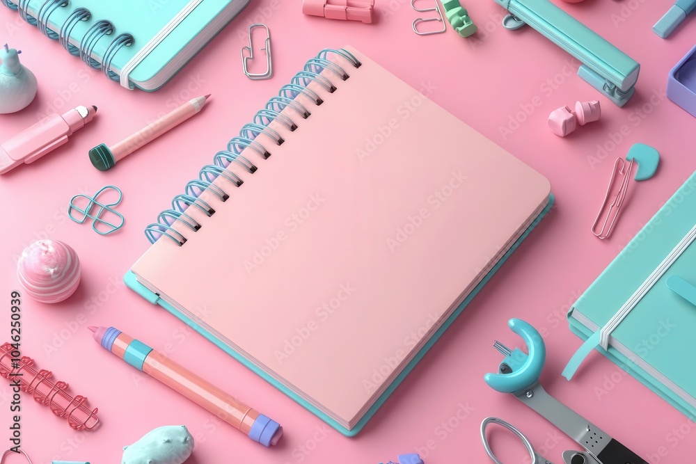 3D symbol of a closed notebook with scattered school supplies, flat design, front view, student theme, 3D render, colored pastel