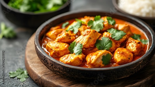 A traditional Indian curry dish with tender pieces of chicken simmered in a rich, aromatic sauce, garnished with fresh cilantro and served with fragrant basmati rice.