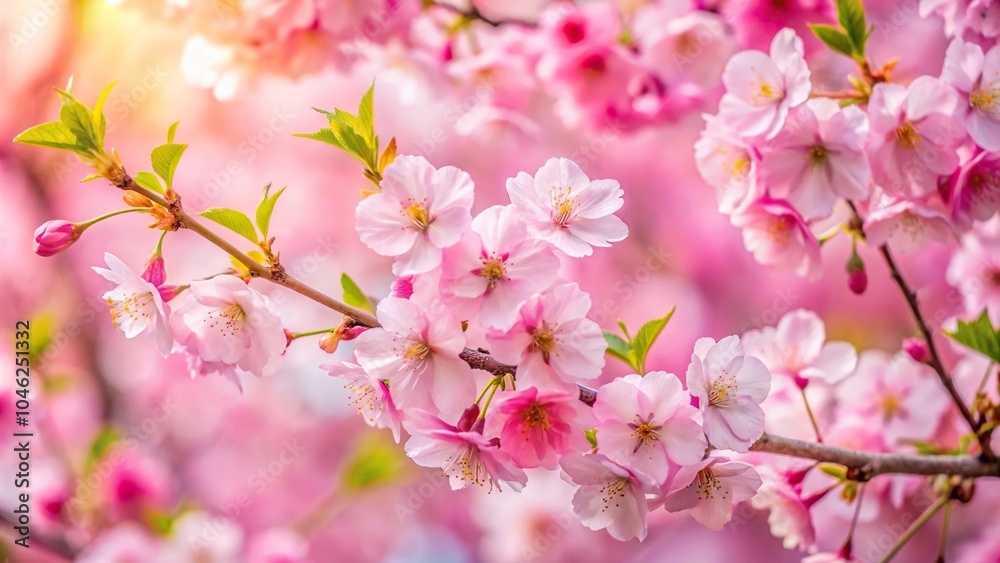 A close-up of a blooming cherry blossom tree with delicate pink petals and green leaves, trees, nature, blossoms in bloom A close-up of a blooming cherry blossom tree with delicate pink petals and green leaves, trees, nature, blossoms in bloom